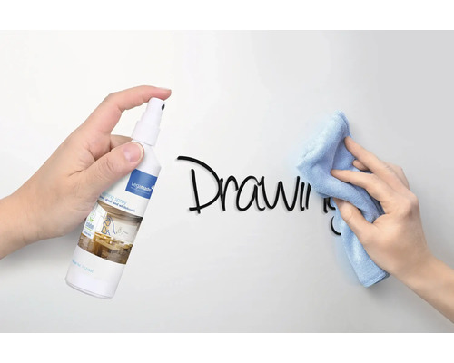 Reinigung einer Tafel mit einem Reinigungsspray und einem Tuch.