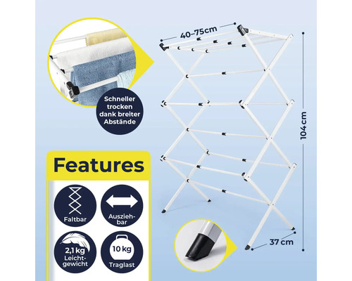 Wäscheständer mit ausziehbaren Armen und einer Traglast von 10 Kilogramm