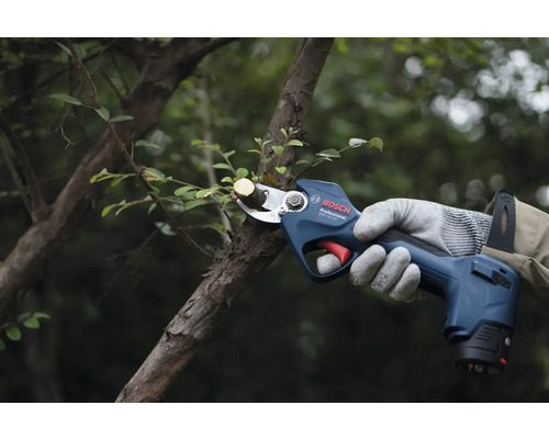 Akkugartenschere beim Schneiden eines Astes im Garten