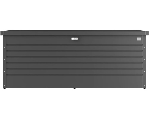 Graue Gartenbox zur Aufbewahrung von Gartengeräten und Gartenmöbelauflagen.