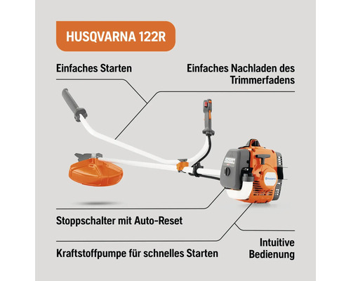 Husqvarna 122R Rasentrimmer mit Funktionen für einfaches Starten und Nachladen des Trimmerfadens, Stoppschalter mit Auto-Reset, Kraftstoffpumpe für schnelles Starten und intuitive Bedienung
