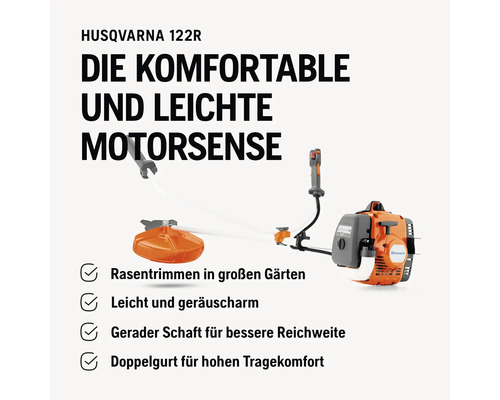 Husqvarna 122R Motorsense für komfortables und leichtes Trimmen von Rasenflächen in großen Gärten mit geradem Schaft und Doppelgurt.