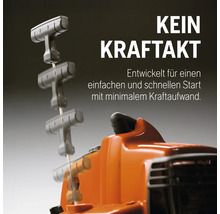 Nahaufnahme einer Motorsäge mit Zugseil und dem Text Kein Kraftakt für einen einfachen Start.