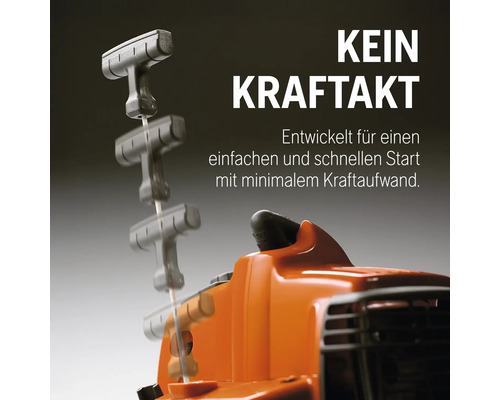 Nahaufnahme einer Motorsäge mit Zugseil und dem Text Kein Kraftakt für einen einfachen Start.