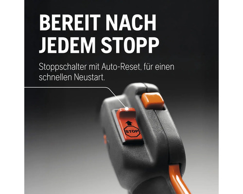 Nahaufnahme eines Husqvarna Stoppschalters mit Auto-Reset Funktion