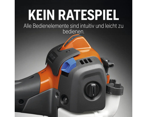 Nahaufnahme eines Rasentrimmers mit intuitiven Bedienelementen