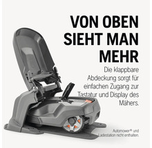 Mähroboter mit geöffneter Klappabdeckung für einfachen Zugang zu Tastatur und Display