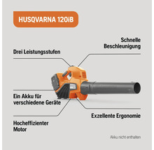 Husqvarna 120iB Akku Laubbläser mit drei Leistungsstufen, schneller Beschleunigung, ausgezeichneter Ergonomie und hocheffizientem Motor. Akku nicht enthalten.