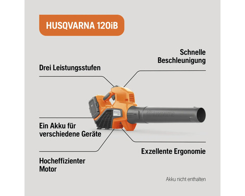 Husqvarna 120iB Akku Laubbläser mit drei Leistungsstufen, schneller Beschleunigung, ausgezeichneter Ergonomie und hocheffizientem Motor. Akku nicht enthalten.