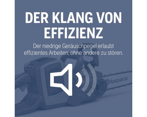 Abbildung einer Husqvarna Kettensäge, die einen niedrigen Geräuschpegel für effizientes Arbeiten ohne Störung anderer verspricht.