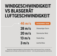 Windgeschwindigkeit im Vergleich zum Laubbläser und Luftgeschwindigkeit