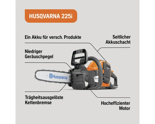 Husqvarna 225i Akku Kettensäge mit Informationen zu Akku, Geräuschpegel, Akkuschacht, Kettenbremse und Motor.