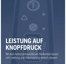 Bedienfeld mit Ein- und Ausschalter, Warnsymbol, Modusauswahl und Akkuanzeige