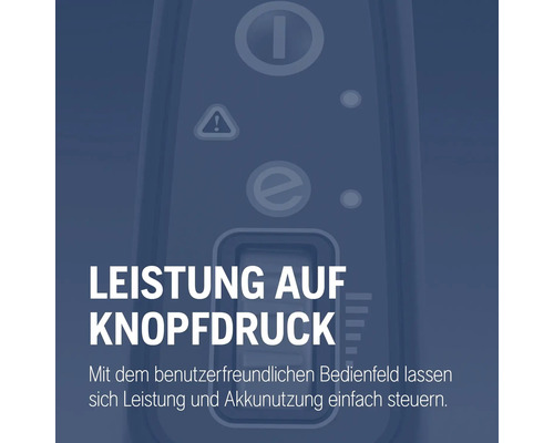 Bedienfeld mit Ein- und Ausschalter, Warnsymbol, Modusauswahl und Akkuanzeige