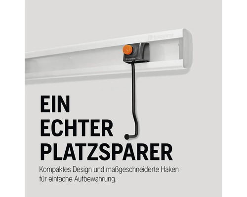 Husqvarna Logo. Aufbewahrungssystem mit Haken zur einfachen Aufbewahrung.