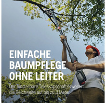 Mann benutzt eine akkubetriebene Hochentaster für die Baumpflege ohne Leiter