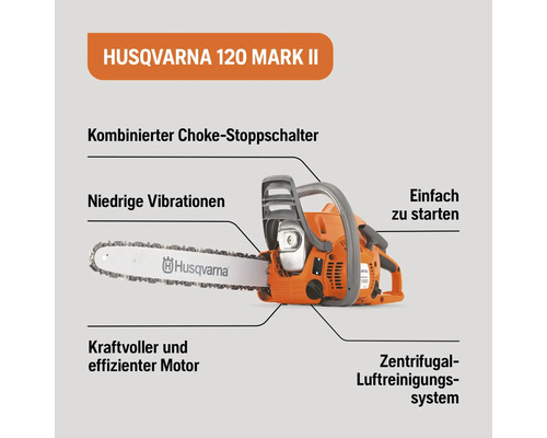 Husqvarna 120 Mark II Motorsäge mit kombiniertem Choke-Stoppschalter, niedrigen Vibrationen, kraftvollem Motor und Zentrifugal-Luftreinigungssystem