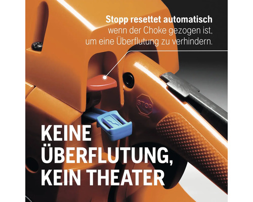 Detailansicht einer Motorsäge mit Fokus auf den automatischen Stopp-Reset, der eine Überflutung verhindern soll.