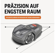 Grauer Rasenmähroboter für präzises Mähen auf engstem Raum
