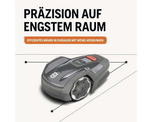 Grauer Rasenmähroboter für präzises Mähen auf engstem Raum