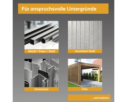 Geeignet für anspruchsvolle Oberflächen: Metall, Eisen, Stahl, verzinkter Stahl, Aluminium und Holz.
