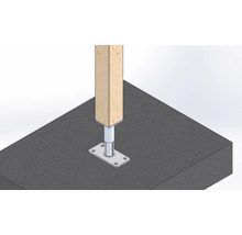Pfostenfuß aus Metall mit Holzpfosten auf Beton