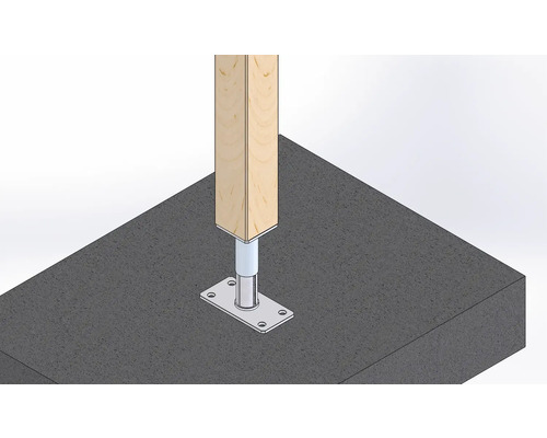 Pfostenfuß aus Metall mit Holzpfosten auf Beton
