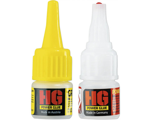 Zwei Flaschen HG Power Glue Klebstoff, hergestellt in Österreich und Deutschland