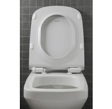 Weißes Hänge-WC mit offenem Toilettendeckel und Duravit Logo