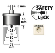 Technische Zeichnung einer Lochsäge mit den Maßen acht Millimeter, 40 Millimeter, 28 Millimeter, 35 Millimeter, 50 Millimeter, 68 Millimeter und 74 Millimeter, Sicherheitsverriegelung und Steckdose mit 68 Millimeter Durchmesser