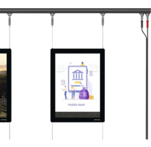 Aufhängesystem mit zwei Digitaldisplays an einer Schiene
