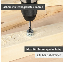 Bohrmaschine mit Tiefenbegrenzer bohrt in Holz