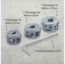 Set aus drei Tiefenstopps für Bohrer mit Durchmessern von 6 mm, 8 mm und 10 mm sowie einem 3 mm Inbusschlüssel