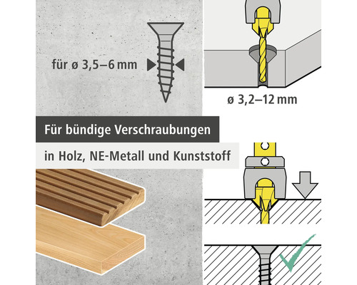 Illustration of countersunk screws for wood, non-ferrous metal and plastic, drill diameter from 3.2 to 12 millimeters, screw diameter from 3.5 to 6 millimeters