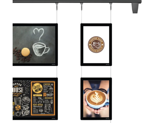 Hängendes Präsentationssystem mit vier hinterleuchteten Displays mit Kaffeemotiven