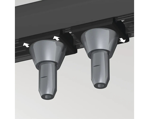 Detailansicht von zwei Befestigungselementen mit Pfeilen, die die Richtung der Befestigung anzeigen