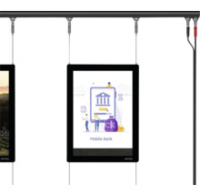 Display mit Illustration einer mobilen Bank, hängend an einem Seil