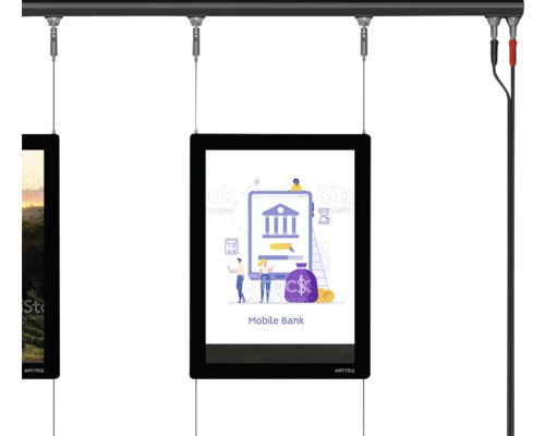 Display mit Illustration einer mobilen Bank, hängend an einem Seil