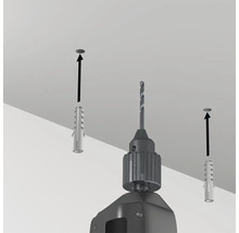 Illustration einer Bohrmaschine und Dübel, die in eine Decke eingesetzt werden.