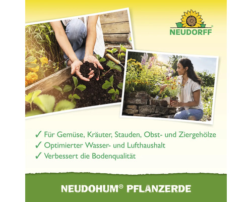 Neudorff Logo. Frauen pflanzen Gemüse, Kräuter, Stauden, Obst und Ziergehölze mit Neudohum Pflanzerde.