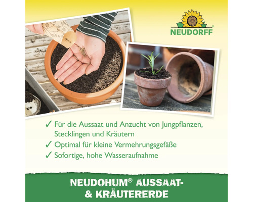 Neudorff Logo. Aussaaterde und Kräutererde in Töpfen zur Aufzucht von Jungpflanzen, Stecklingen und Kräutern.
