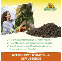 Neudorff Logo. Neudohum Tomaten- und Gemüseerde neben einer Frau, die Tomaten erntet.