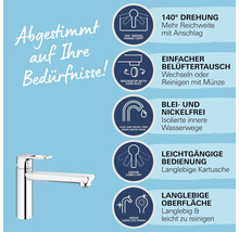Produktinformationen zu einer Armatur mit Hinweisen zu 140 Grad Drehung, einfachem Belüftertausch, Blei- und Nickelfreiheit, leichtgängiger Bedienung und langlebiger Oberfläche