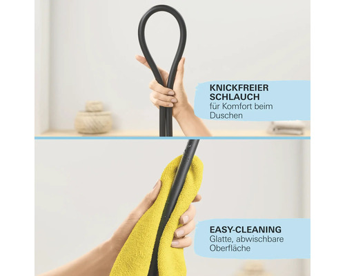 Abknickfreier Duschschlauch mit reinigungsfreundlicher Oberfläche