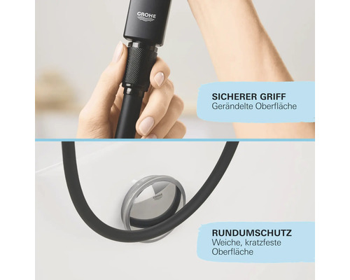 Detailansicht einer Armatur mit gerändelter Oberfläche für sicheren Griff und Rundumschutz durch eine weiche, kratzfeste Oberfläche