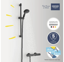 Duschsystem mit Brausestange und Handbrause. Grohe Logo. Garantie von fünf Jahren. Entworfen und hergestellt in Deutschland. Kleben oder Bohren.