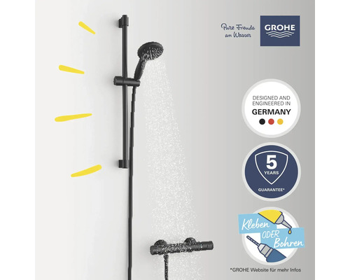 Duschsystem mit Brausestange und Handbrause. Grohe Logo. Garantie von fünf Jahren. Entworfen und hergestellt in Deutschland. Kleben oder Bohren.