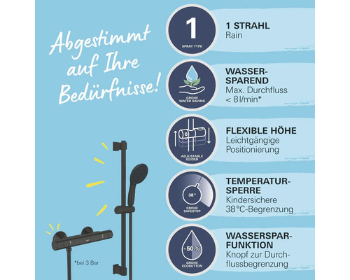 Grohe Duschsystem Eigenschaften: Strahlart, Wassersparfunktion, flexible Höhe, Temperatursperre und Wasserspar Knopf zur Durchflussbegrenzung.