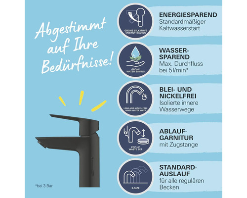 Armatur mit Merkmalen wie Energiesparen, Wassersparen, Blei- und Nickelfreiheit, Ablaufgarnitur und Standardauslauf