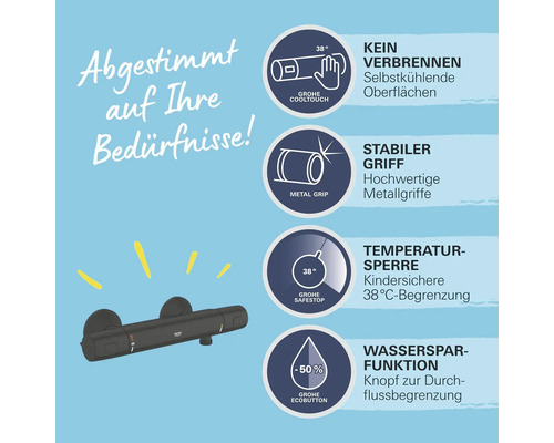 Grohe Thermostatarmatur mit CoolTouch Funktion, Metallgriffen, Temperatursperre und Wassersparfunktion